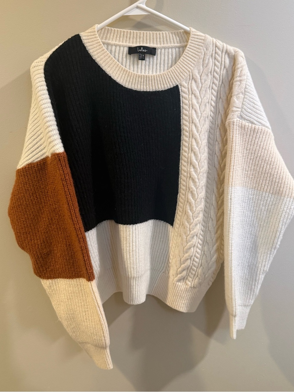 Lulu's Black, Cream & Brown Colorblock Cable-Knit Crew Sweater